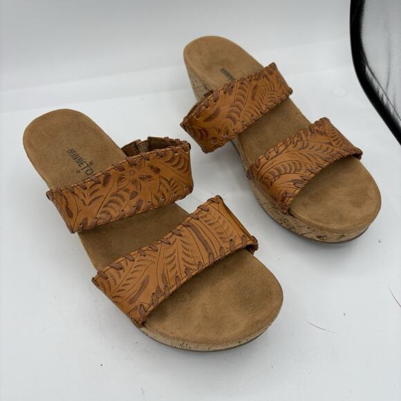 Minnetonka Sandals Womens 10 Cork‎ Wedge Mule Straps Brown Tan 75900 F3 - Picture 1 of 13
